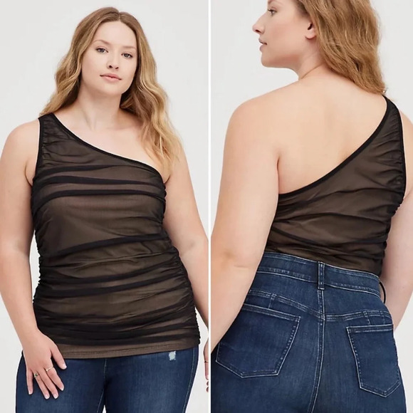 TORRID ONE SHOULDER MESH FOXY CAMI Black NWT - Picture 1 of 5
